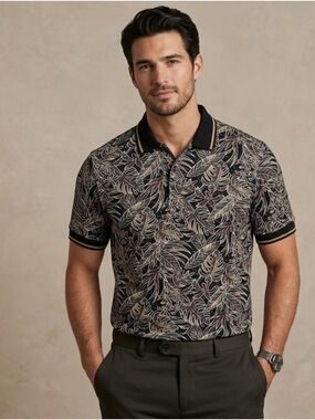 Chi Chi Green Grass Edition Black Tropical Leaf Print Polo with Contrast Trim